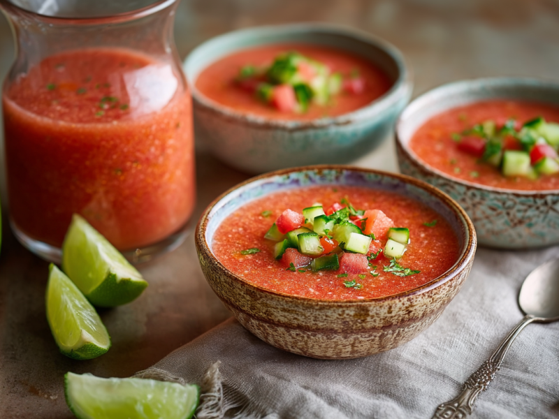 Drei kleine Schüsseln mit Wassermelonen-Gazpacho.