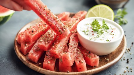 Wassermelonen-Pommes mit Dip auf einem Teller. Jemand nimmt sich eine Pommes.