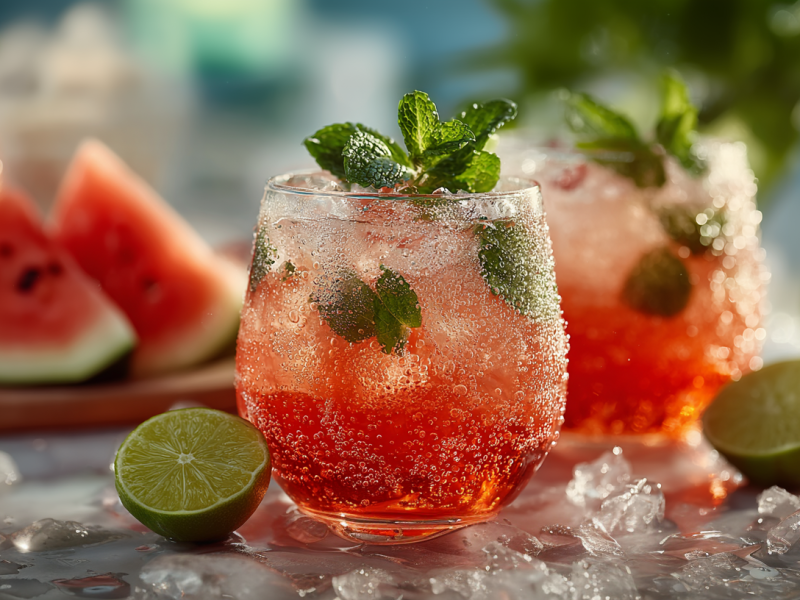 Zwei Gläser Wassermelonen-Spritz-Cocktail sind zu sehen. um sie verteilt liegen Eiswürfel und zwei Limettenhälften. Im Hintergrund sieht man eine geschnittene Wassermelone.
