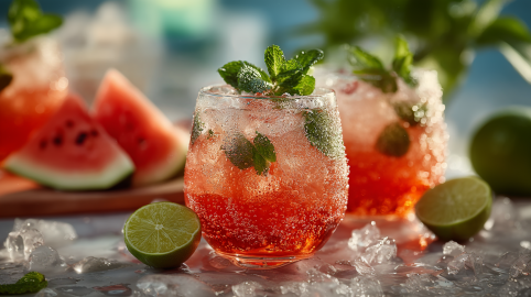 Zwei Gläser Wassermelonen-Spritz-Cocktail sind zu sehen. um sie verteilt liegen Eiswürfel und zwei Limettenhälften. Im Hintergrund sieht man eine geschnittene Wassermelone.