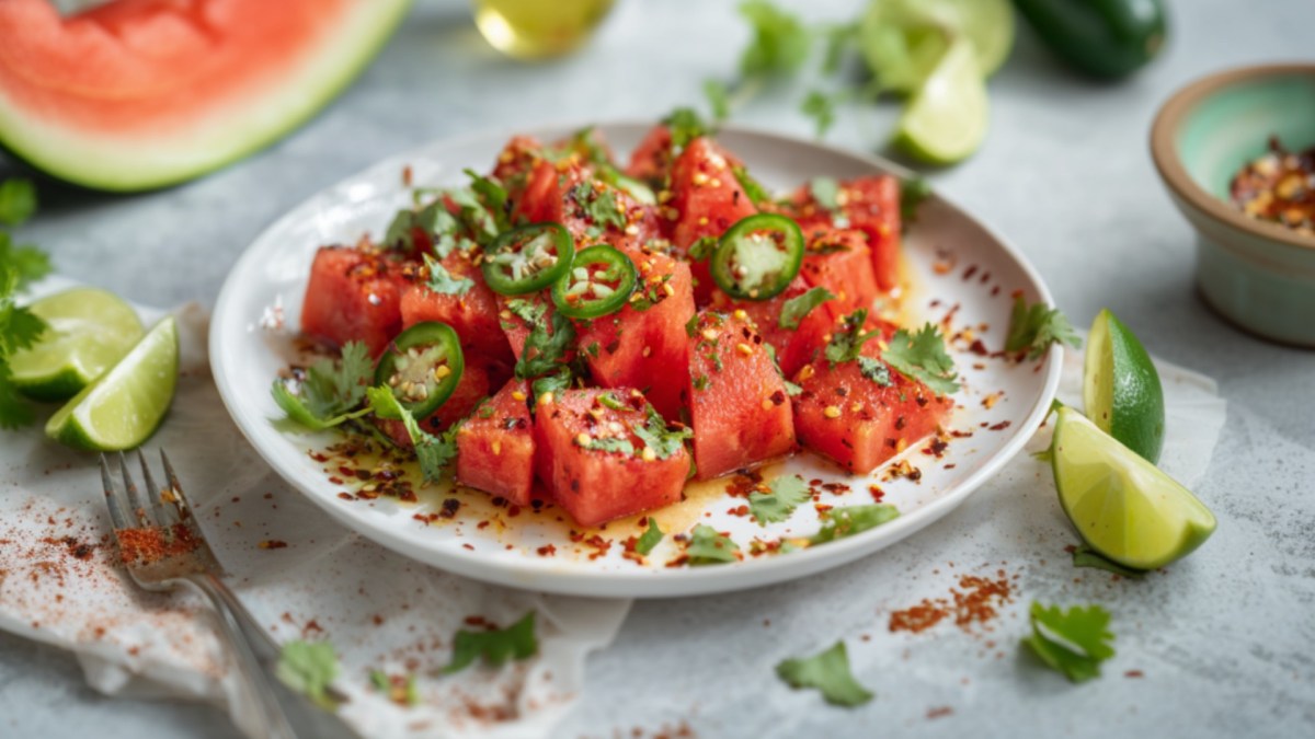 Würziger Wassermelonensalat auf einem Teller mit Jalapeños und Koriander.