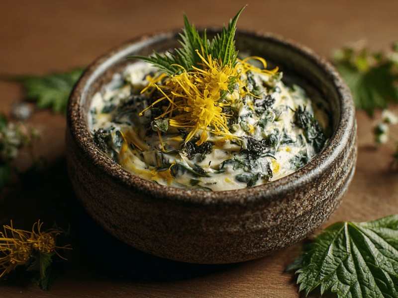 Eine Schale Wildkräuterbutter, dekoriert mit Löwenzahnblüten und Brennnesselblättern.