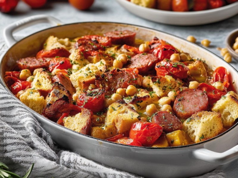 Ein Wurstauflauf mit Brot, Tomaten und Kichererbsen in der Draufsicht. Drumherum sieht man die Zutaten.