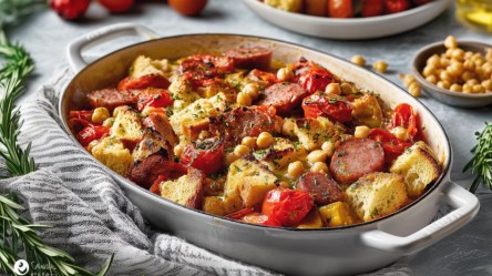 Ein Wurstauflauf mit Brot, Tomaten und Kichererbsen in der Draufsicht. Drumherum sieht man die Zutaten.