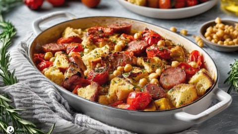 Ein Wurstauflauf mit Brot, Tomaten und Kichererbsen in der Draufsicht. Drumherum sieht man die Zutaten.