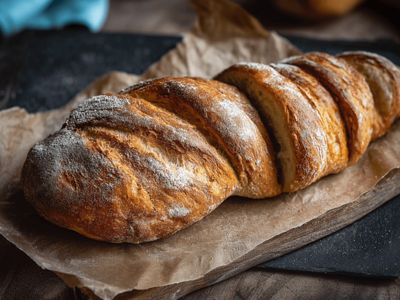 Ein Wurzelbrot liegt auf einem Holzbrett auf Backpapier. Darunter liegt eine schwarze Platte.