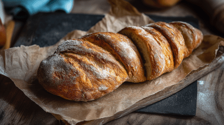 Ein Wurzelbrot liegt auf einem Holzbrett auf Backpapier. Darunter liegt eine schwarze Platte.