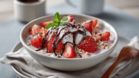 Eine Yogurette-Bowl auf einem Frühstückstisch. Die Bowl steht auf einem Unterteller auf einem Tuch. Rechts neben der Bowl liegt ein Holzlöffel. Im Hintergrund stehen zwei Kaffeetassen.