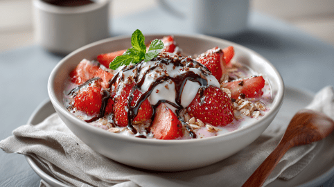 Eine Yogurette-Bowl auf einem Frühstückstisch. Die Bowl steht auf einem Unterteller auf einem Tuch. Rechts neben der Bowl liegt ein Holzlöffel. Im Hintergrund stehen zwei Kaffeetassen.