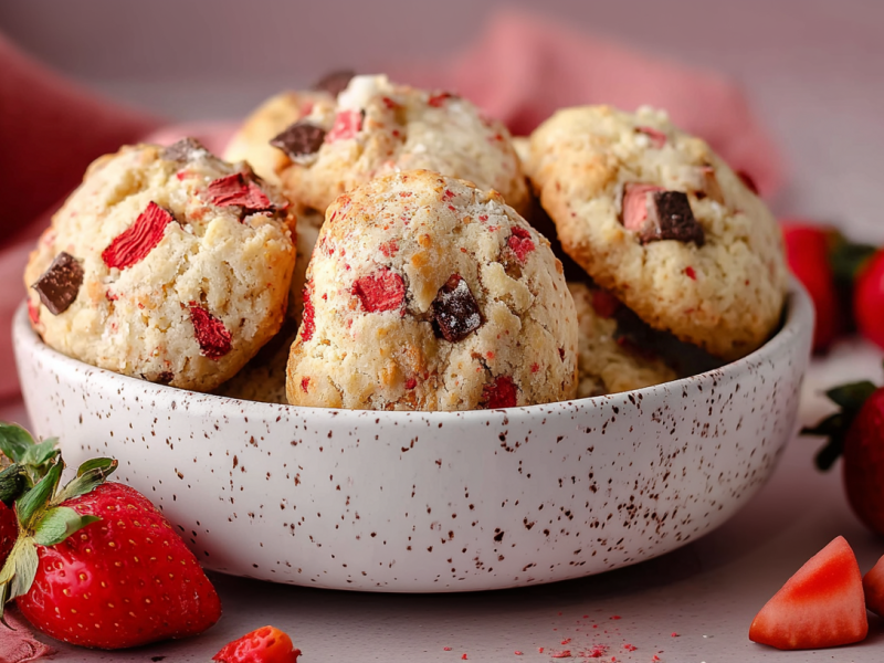 Eine Schale mit Yogurette-Cookies. Außen herum liegen einige frische Erdbeeren als Dekoration.