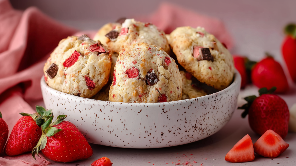 Eine Schale mit Yogurette-Cookies. Außen herum liegen einige frische Erdbeeren als Dekoration.