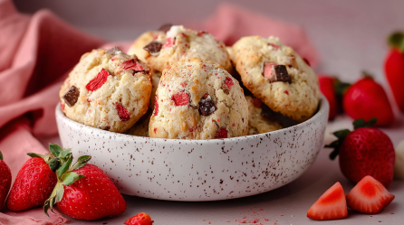 Eine Schale mit Yogurette-Cookies. Außen herum liegen einige frische Erdbeeren als Dekoration.