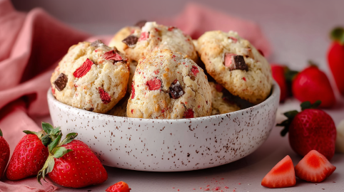 Eine Schale mit Yogurette-Cookies. Außen herum liegen einige frische Erdbeeren als Dekoration.