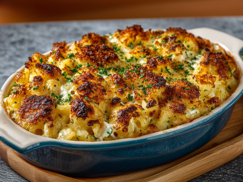 Eine Auflaufform mit Ziegenkäse Mac and Cheese auf einem Holzuntersetzer. Daneben liegen frische Kräuter.