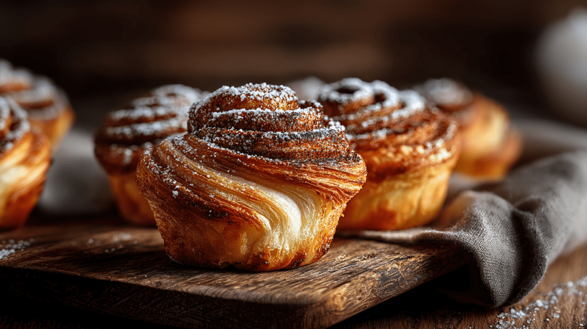 Mehrere Zimtschnecken Cruffins stehen auf einem rustikalen Holzbrett.