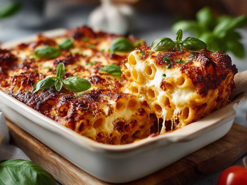 Ziti al forno in einer weißen Auflaufform. Ein Holzlöffel hebt eine Portion heraus. Die Form steht auf einem Holzbrett. Drumherum liegt Basilikum, Tomaten und Knoblauch verteilt.