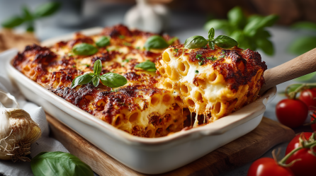Ziti al forno in einer weißen Auflaufform. Ein Holzlöffel hebt eine Portion heraus. Die Form steht auf einem Holzbrett. Drumherum liegt Basilikum, Tomaten und Knoblauch verteilt.