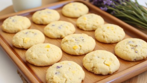 Mehrere Reihen Zitronen-Lavendel-Kekse auf einem Backblech.