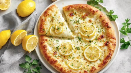 Eine Zitronen-Pizza in der Draufsicht. Daneben liegen frische Zutaten.