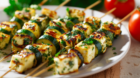 Ein Teller mit Zucchini-Halloumi-Spießen vom Grill.