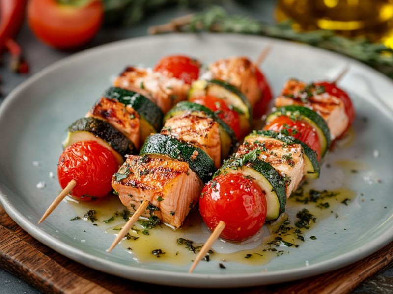 Ein Teller mit drei Zucchini-Lachs-Spießen, die mit einer Kräutermarinade mariniert sind. Der Teller steht auf einem dunklen Holzbrett. Im Hintergrund kann man frische Zutaten wie Chilischoten, eine Tomate, Kräuterzweige und ein Glasgefäß mit Olivenöl erkennen.