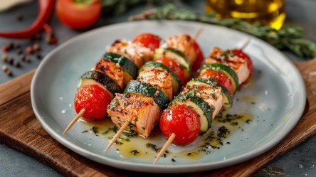 Ein Teller mit drei Zucchini-Lachs-Spießen, die mit einer Kräutermarinade mariniert sind. Der Teller steht auf einem dunklen Holzbrett. Im Hintergrund kann man frische Zutaten wie Chilischoten, eine Tomate, Kräuterzweige und ein Glasgefäß mit Olivenöl erkennen.