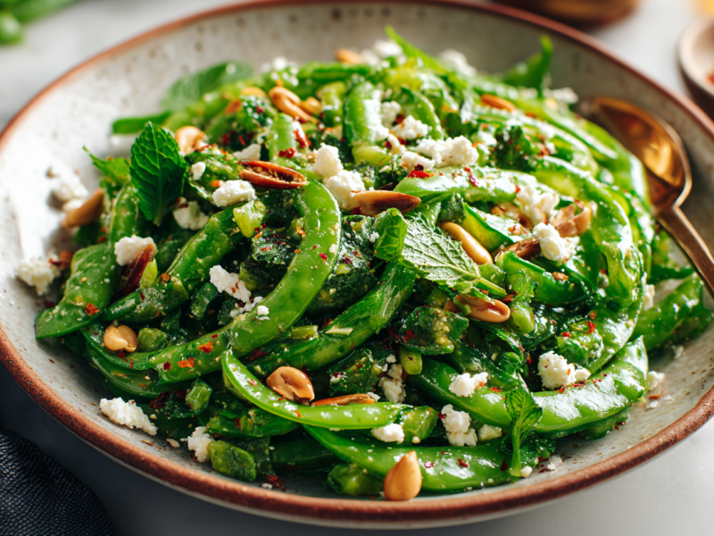 Zuckerschotensalat mit Feta in einer Salatschüssel.