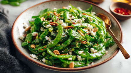 Zuckerschotensalat mit Feta in einer Salatschüssel.