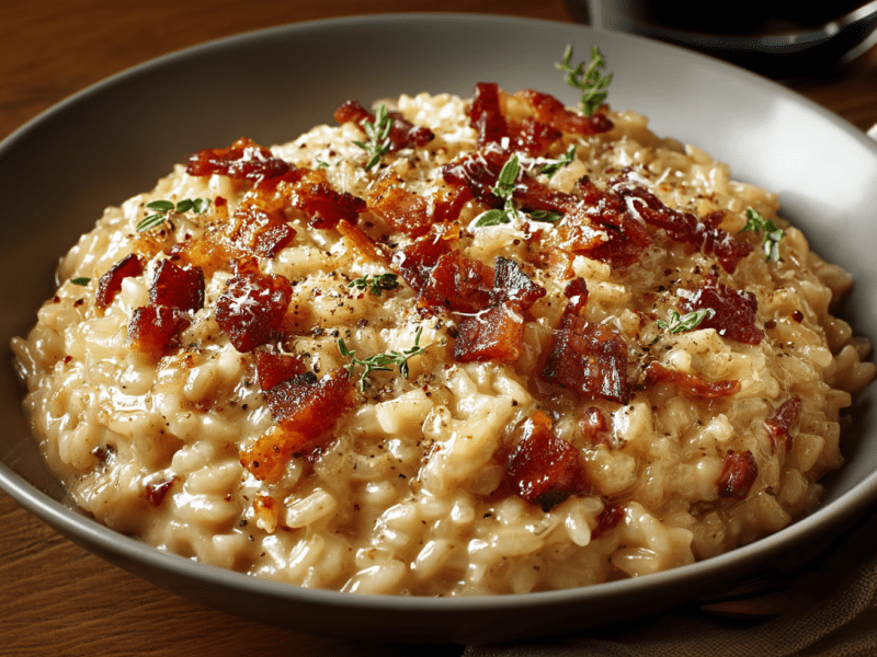 Eine Schüssel mit cremigem Zwiebel-Speck-Risotto auf einem Holztisch. Rechts im Bild sieht man ein Geschirrtuch und eine Gabel.