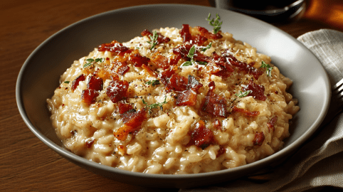 Eine Schüssel mit cremigem Zwiebel-Speck-Risotto auf einem Holztisch. Rechts im Bild sieht man ein Geschirrtuch und eine Gabel.