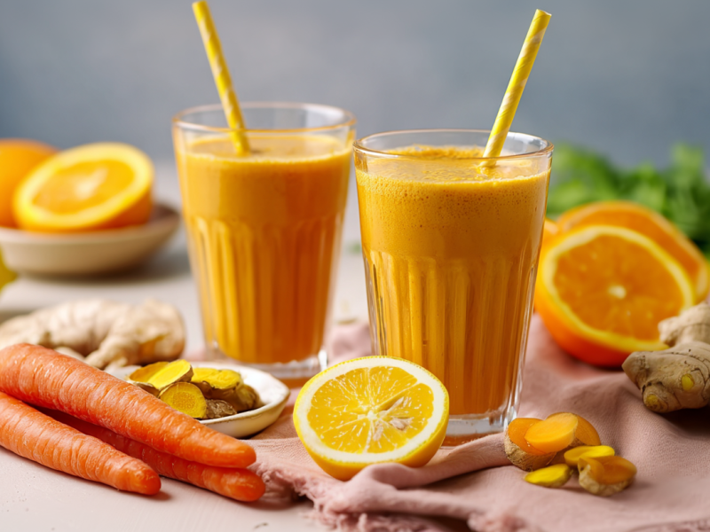Zwei Gläser mit ACE-Smoothies, dekoriert mit Strohhalmen. Außen herum liegen Karotten, Zitronen, Ingwer und Orangen als Dekoration.