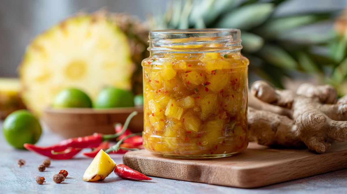 Ein Glas mit Ananas-Chutney auf einem Holzbrett. Im Hintergrund sieht man eine aufgeschnittene Ananas, Limetten, Ingwer, Chilis.