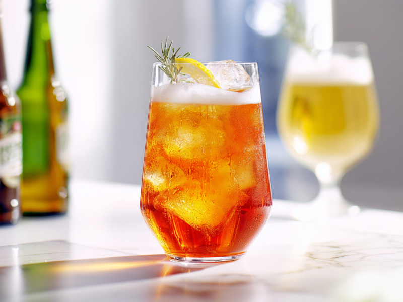 Ein Glas Aperol-Bier-Spritz steht auf einer Marmor-Anrichte. Links im Hintergrund stehen zwei Bierflaschen, rechts im Hintergrund ein Bierglas.