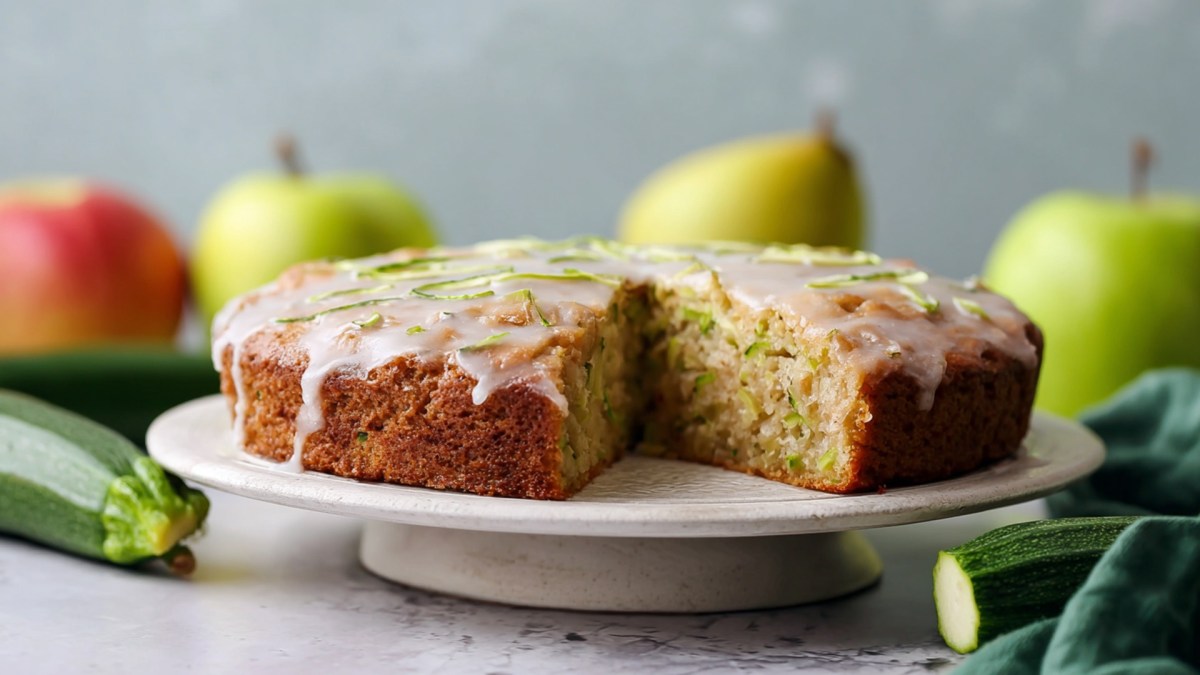 Ein runder Apfel-Zucchini-Kuchen, der auf einer Kuchen-Etagere liegt. Ringsum liegen frische Äpfel und Zucchini verteilt.