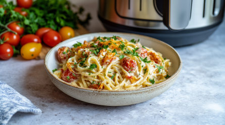 Ein Teller mit Baked Feta Pasta aus dem Airfryer. Hinten links liegen noch einige frische Tomaten. Hinten rechts sieht man einen angedeuteten Airfryer.