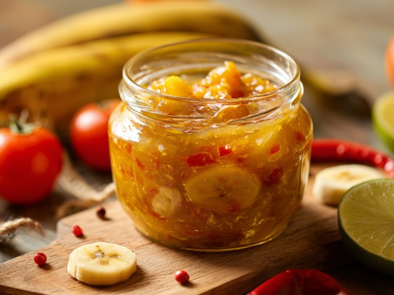 Ein Glas mit Bananen-Chutney. Ringsum liegen frische Zutaten wie reife Bananen, Tomaten, aufgeschnittene Limetten, Bananenscheiben und bunte Pfefferkörner herum.