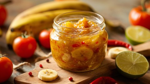 Ein Glas mit Bananen-Chutney. Ringsum liegen frische Zutaten wie reife Bananen, Tomaten, aufgeschnittene Limetten, Bananenscheiben und bunte Pfefferkörner herum.