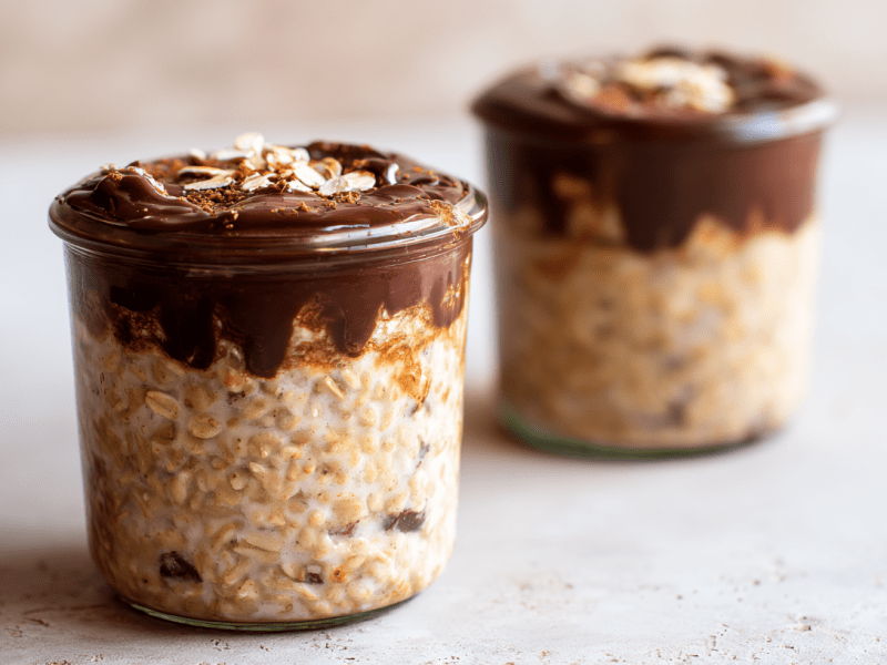 Zwei Gläser Bananenbrot Overnight Oats stehen auf neutralem Untergrund. Sie sind mit einer Schicht Schokolade bedeckt.