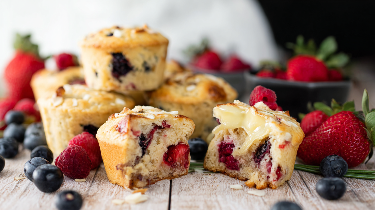 Mehrere Beeren-Brie-Muffins, im Vordergrund liegt ein durchgebrochener.