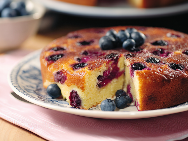 Ein Blaubeer-Hüttenkäsekuchen steht auf einem Teller. Im Hintergrund und links liegen noch einige Blaubeeren. Der Kuchen ist angeschnitten und mit frischen Blaubeeren dekoriert.
