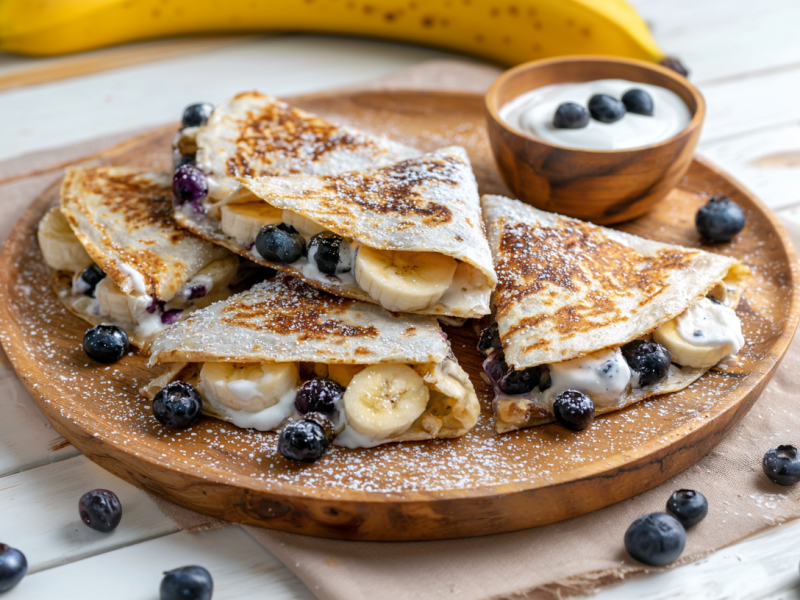 Mehrere Blaubeer-Quesadillas liegen auf einem Holzteller. Sie sind umgeben von Blaubeeren und mit Puderzucker bestreut. Im Hintergrund liegt eine Banane.