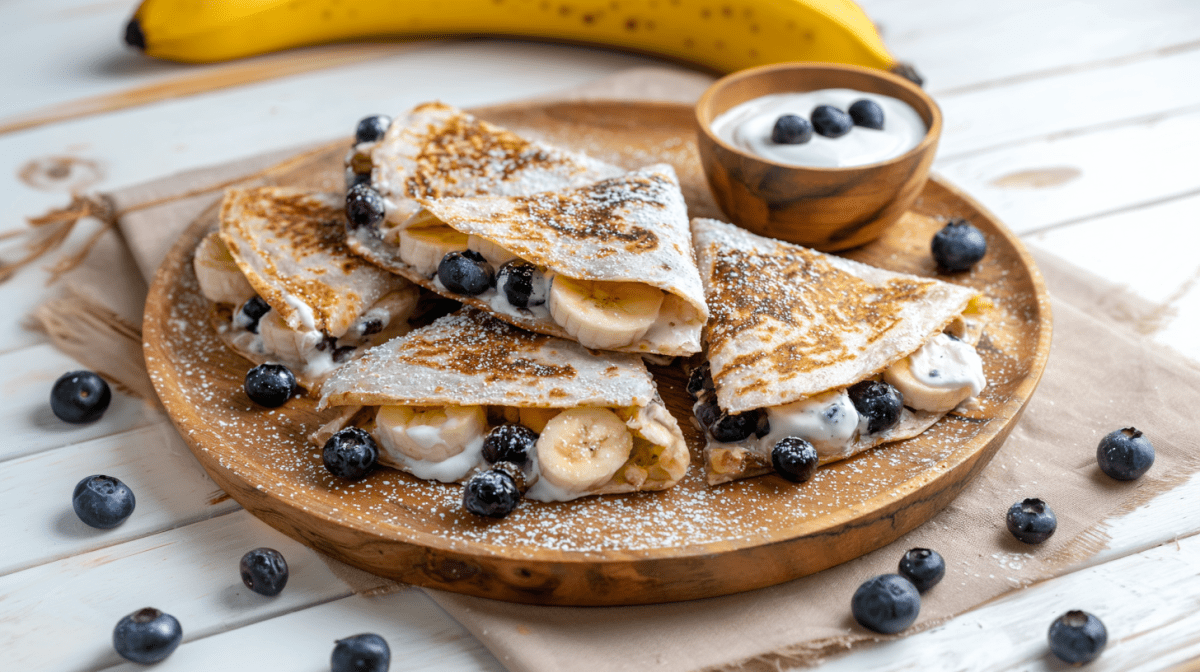 Mehrere Blaubeer-Quesadillas liegen auf einem Holzteller. Sie sind umgeben von Blaubeeren und mit Puderzucker bestreut. Im Hintergrund liegt eine Banane.