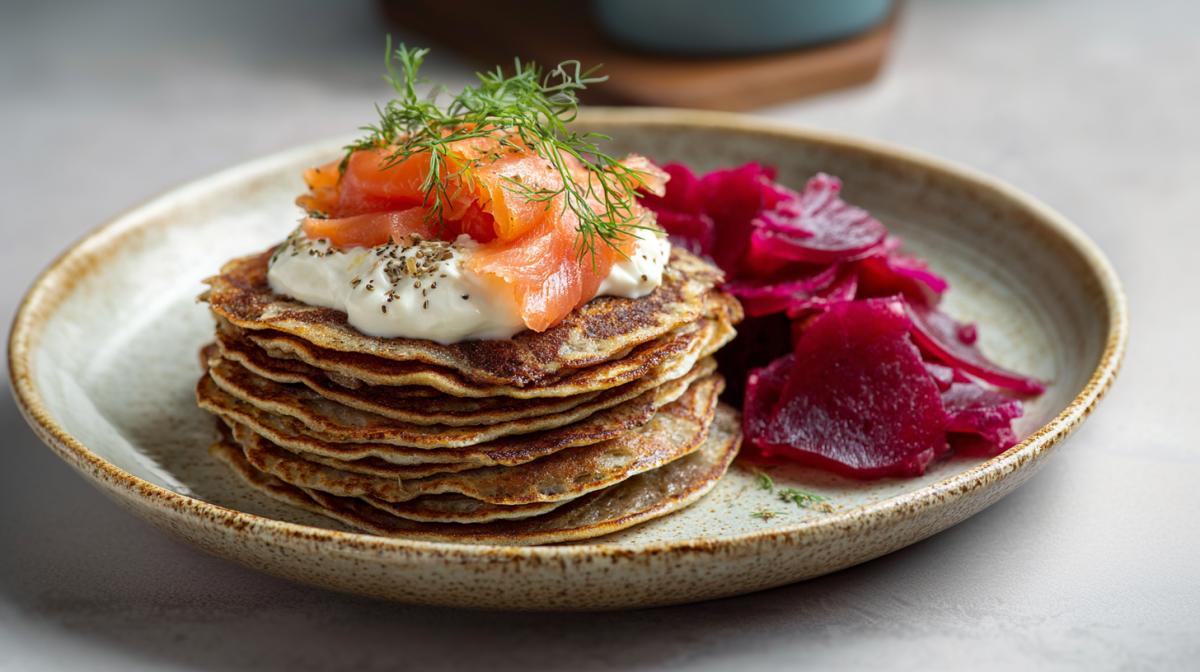 Mehrere Blinis aufeinandergestapelt auf einem Teller. Sie sind mit Crème fraîche, Lachs und Dill garniert. Rechts neben ihnen liegen mehrere Rote-Bete-Scheiben.
