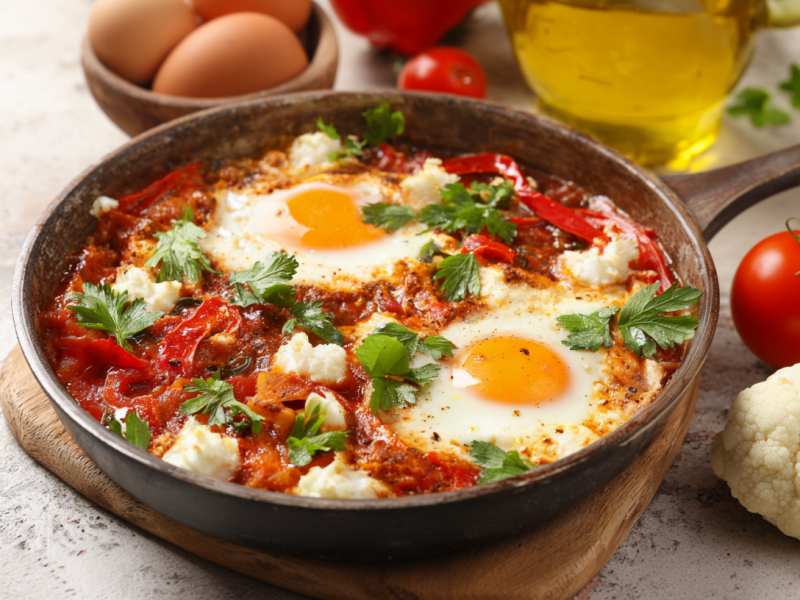 Eine Pfanne mit Blumenkohl-Shakshuka steht auf einem Brett.