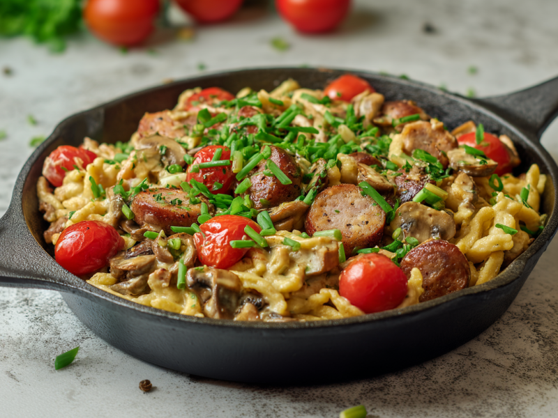 Eine Bratwurst-Spätzlepfanne auf einer Arbeitsplatte. Im Hintergrund sieht man noch Frühlingszwiebeln sowie Kirschtomaten.