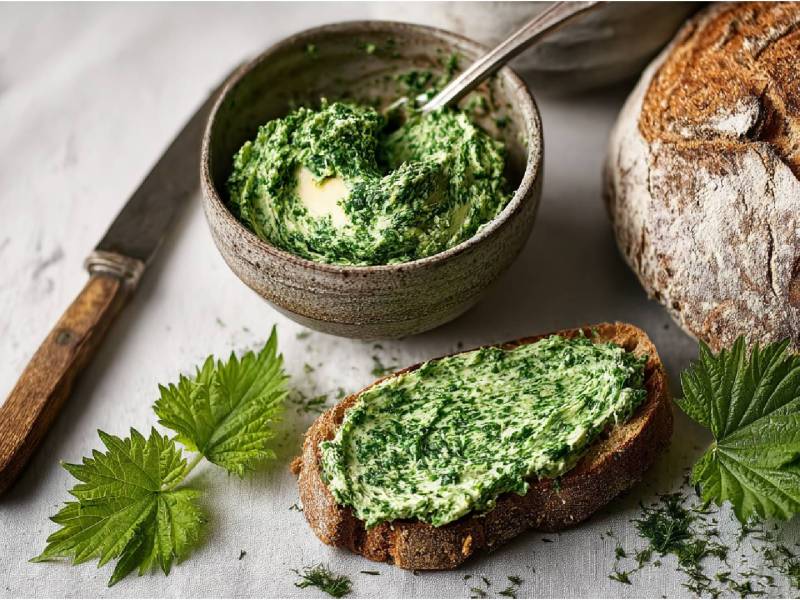 Schale und Scheibe Brot mit Brennnesselbutter