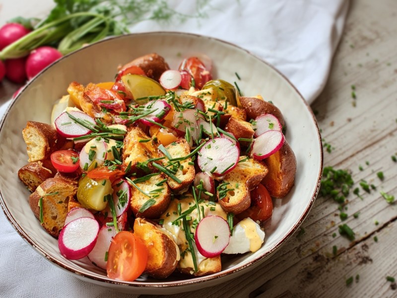 Ein Teller mit Brezelsalat, der auf einem Tisch steht. Im Hintergrund kann man einen kleinen Bund Radieschen erkennen. Rechts neben dem Teller liegen frisch gehackte Kräuter verstreut.