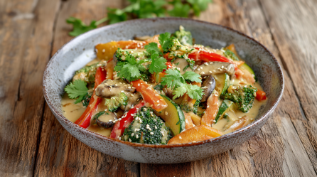 Eine Brokkoli-Gemüsepfanne mit Erdnusssoße in einer grauen Schüssel auf einem Holztisch. Im Hintergrund sieht man einen Zweig frische Petersilie.