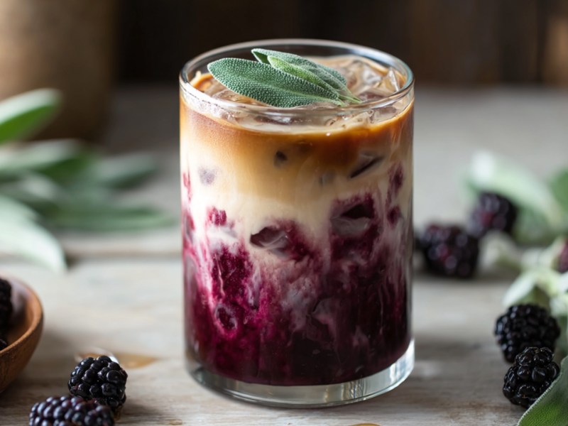 Ein Glas mit einem Brombeer-Salbei-Iced-Latte, der einen Farbverlauf hat und mit frischen Salbeiblättern garniert ist. Ringsum liegen frische Brombeeren und Salbeizweige herum.