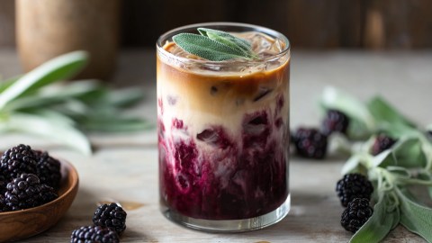 Ein Glas mit einem Brombeer-Salbei-Iced-Latte, der einen Farbverlauf hat und mit frischen Salbeiblättern garniert ist. Ringsum liegen frische Brombeeren und Salbeizweige herum.